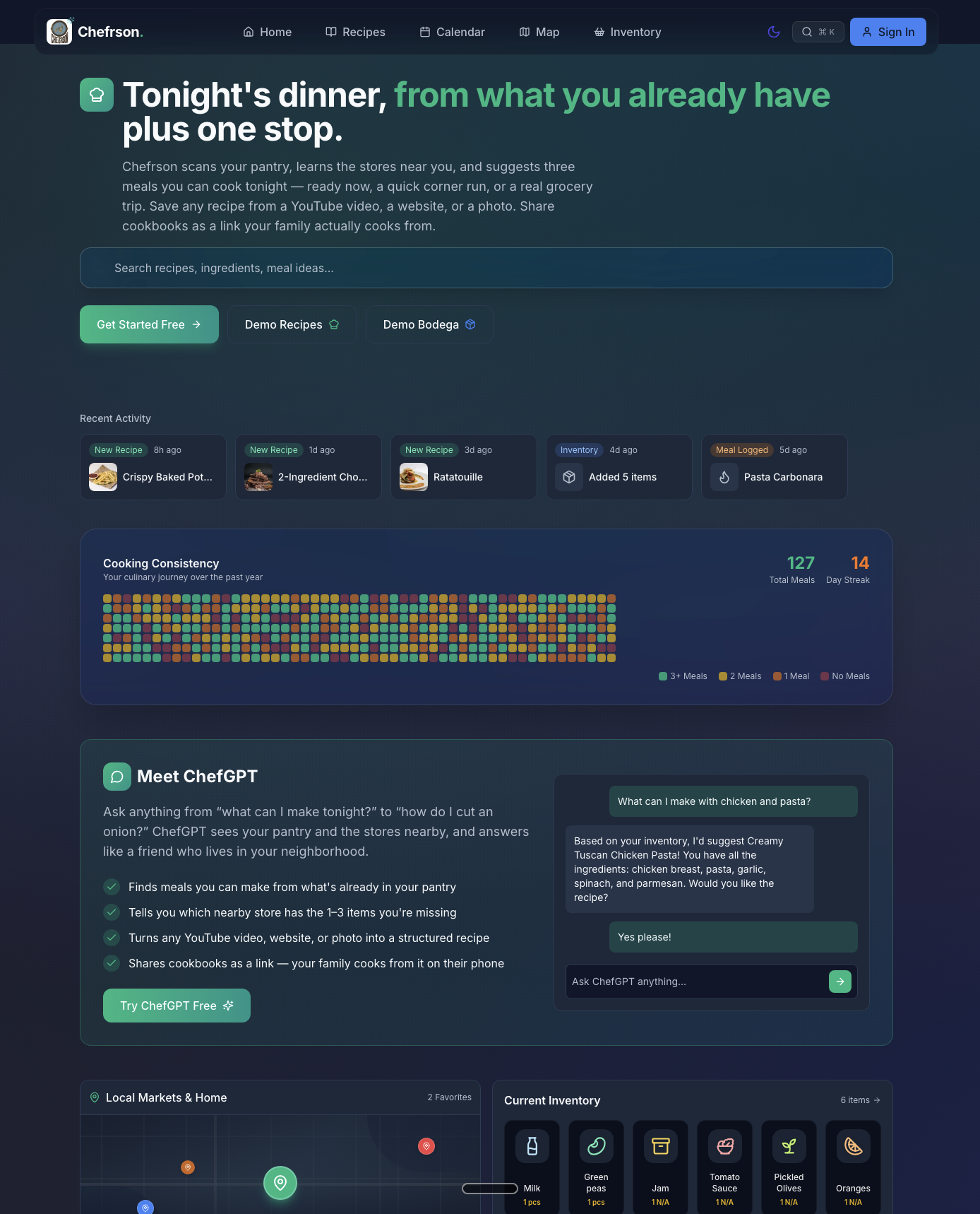 Chefrson home — 'Tonight's dinner, from what you already have plus one stop.' Cooking-consistency calendar, recent activity, ChefGPT, and pantry/markets inventory visible in one view.