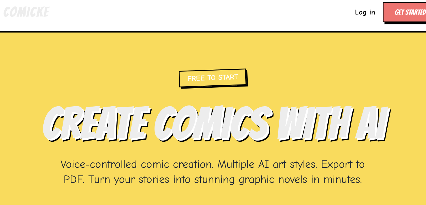 Comicke landing — 'Create Comics with AI': voice-controlled comic creation, multiple AI art styles, and PDF export, with Free / Creator / Pro plans.