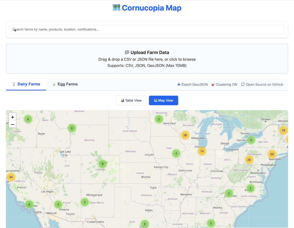 Cornucopia Map — Interactive farm discovery with clustered map view