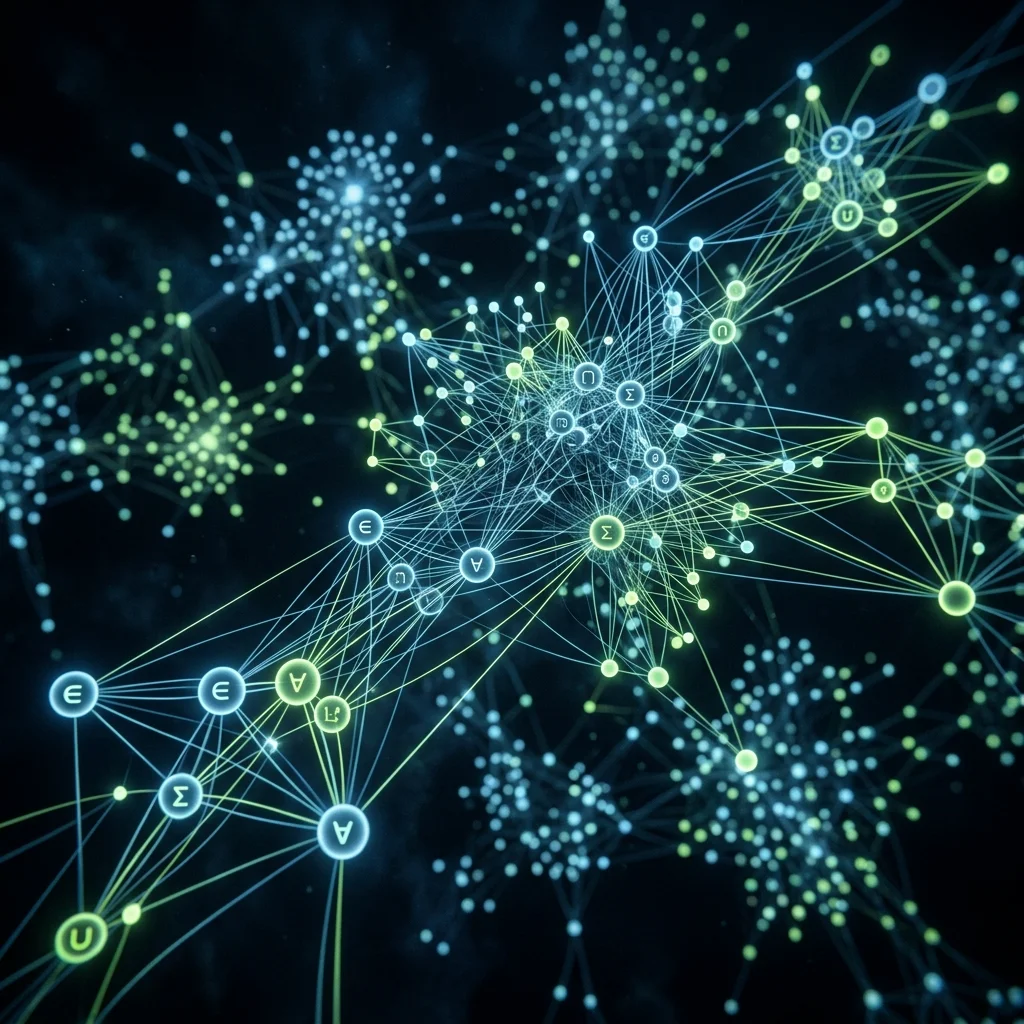 Abstract knowledge graph visualization with glowing nodes and mathematical symbols
